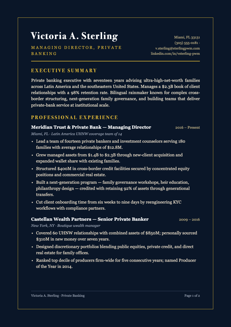 Midnight luxury resume - A midnight-navy Resume template with a gold frame and split masthead, tailored for private bankers and senior wealth executives with boardroom presence.